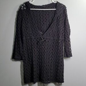 Soma Top Women's Large black lace cover up shirt 3/4 sleeve cinch waist Summer